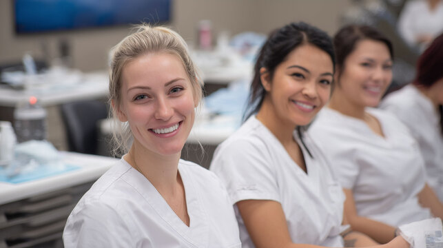 group of dental assistant students attending seminar session with focus on hygiene training and professional development in classroom