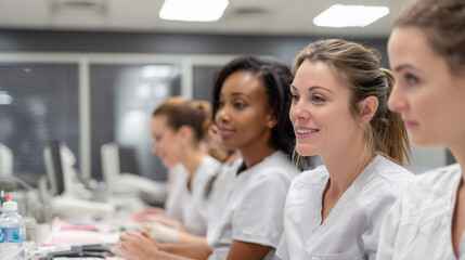 diverse dental assistant students focused during hygiene training seminar for skill building and clinical instruction in medical classroom