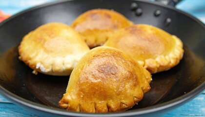 Golden Fried Pastries in a Skillet on a Rustic Wooden Table