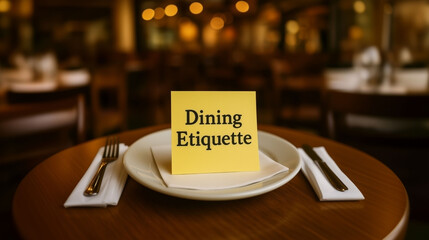 dining etiquette message on table plate in restaurant showing formal manners discipline and behavior awareness at meal setting