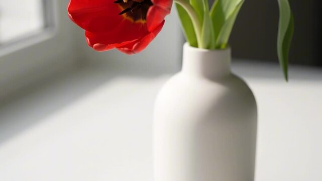 bellissima fiore - A vibrant red tulip in a minimalist white vase, gracefully positioned on a light-colored surface, with soft natural light illuminating the scene from a nearby window