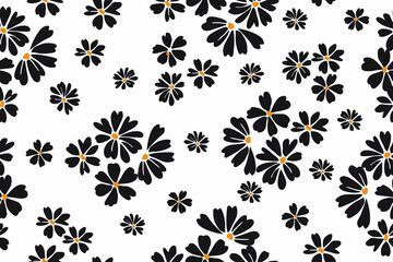 Minimal floral pattern featuring black daisies with orange centers on a clean white background, ideal for fabric, wallpaper, or digital design projects.
