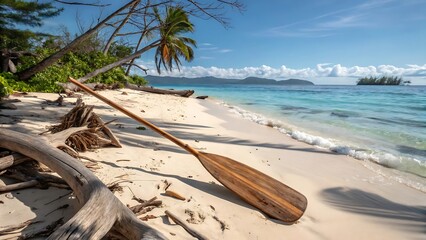 Wooden Paddle on a Tropical Beach with Turquoise Water and Distant Islands