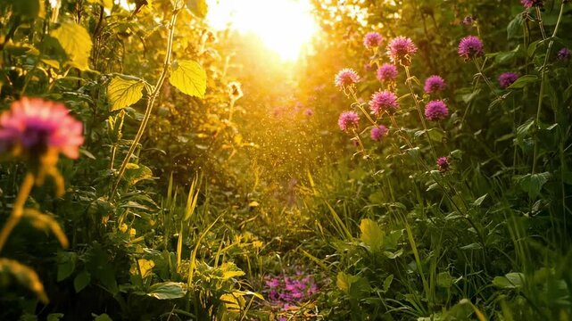 bellissima fiore - Serene pathway through a vibrant garden filled with blooming flowers, illuminated by golden sunlight during sunset, creating a peaceful atmosphere for relaxation