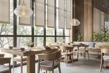 Modern indoor restaurant with large windows and greenery on a sunny day, ideal for dining and social gatherings