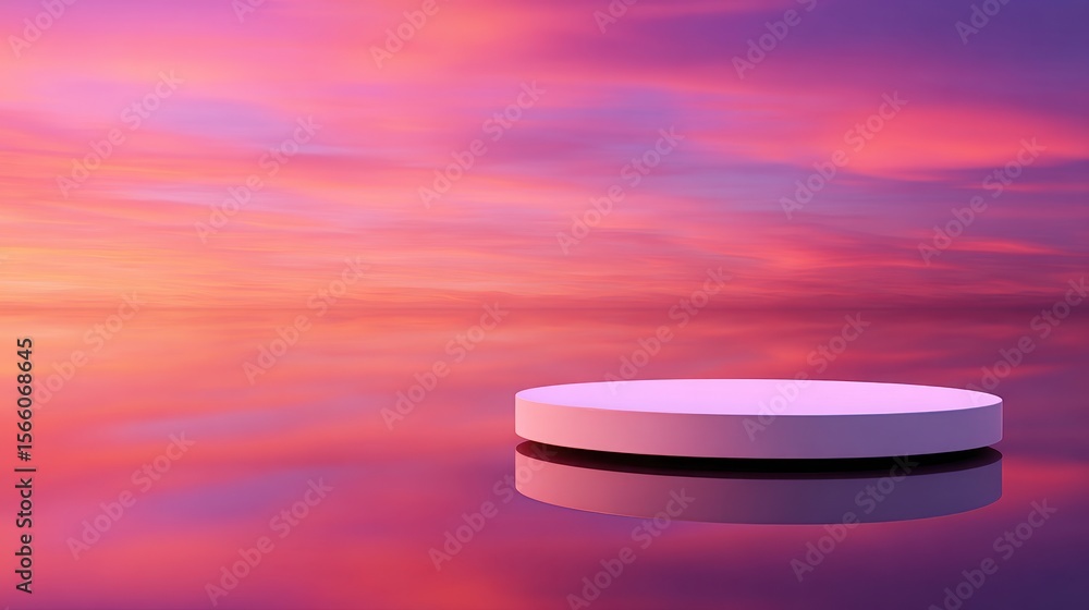 Poster serene sunset reflection over a calm water surface with a minimalist circular platform in view