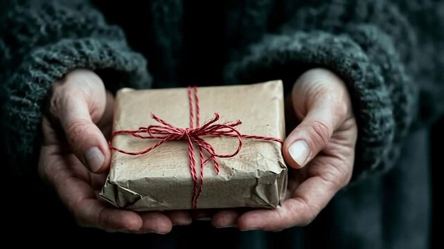Close up of a wrapped gift in brown paper with red twine being held in a person's hands. They are wearing a gray sweater. A thoughtful gift for any holiday or occasion