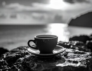 Black and White Coffee Cup on Rock by Seaside during Sunset