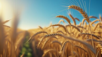 A serene summer wheat field under a clear blue sky, golden wheat gently swaying in the warm sunlight, realistic lighting, soft sun glow, vibrant colors, countryside atmosphere, peaceful and calm mood.