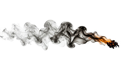Abstract swirling smoke trail with small orange flame isolated on white