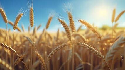 A serene summer wheat field under a clear blue sky, golden wheat gently swaying in the warm sunlight, realistic lighting, soft sun glow, vibrant colors, countryside atmosphere, peaceful and calm mood.