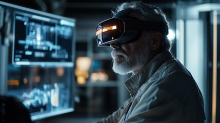 An elderly man explores a futuristic world with virtual reality goggles. Engaging with advanced technology is life-enhancing. The future is here. Generative AI.