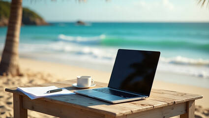 Tropical Beach Laptop Workspace Remote Work Paradise