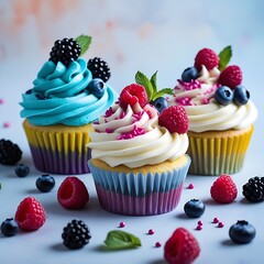 Three cupcakes arranged in a triangular layout on a light, blurred background. Each cupcake is topped with a swirl of frosting and an assortment of fresh berries.