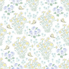 Seamless pattern field of flower pansy, dianthus.