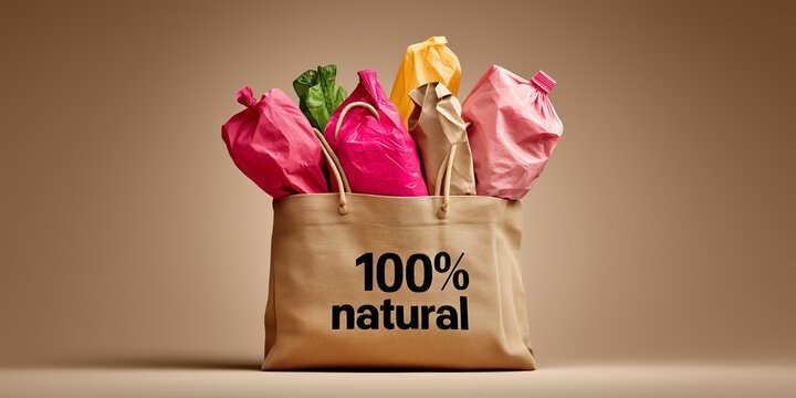 Eco-friendly bag labeled 100 percent natural with colorful wrapped items