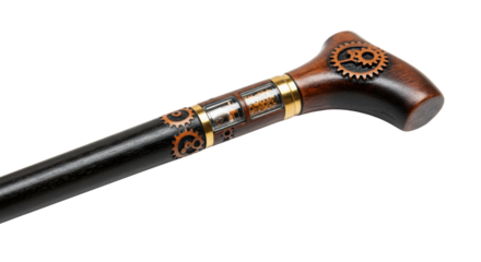 Steampunk Style Wooden Walking Stick Cane Handle Decorated with Brass Gears isolated on Transparent Background
