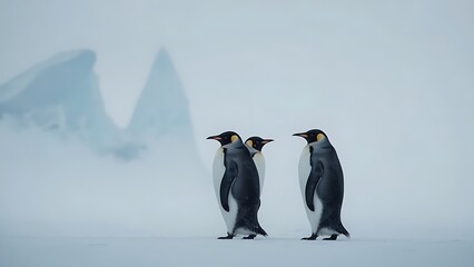 Three emperor penguins standing together on a windswept Antarctic plain. The scene is immersed in soft celeste-blue tones, creating a serene and icy atmosphere.