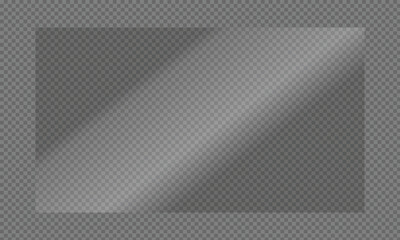 Clear, high-gloss acrylic sheet. Transparent plastic panel. Realistic glare and reflections on a transparent surface. Ideal for displaying items or designs. Vector illustration. 