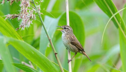 Singing Bird Perched on a Green Plant in Natural Habitat