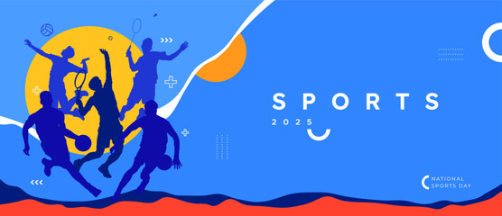 Silhouettes of athletes playing various sports like badminton, basketball, and volleyball on an abstract blue background with "Sports 2025" text. Perfect for National Sports Day or sports campaign