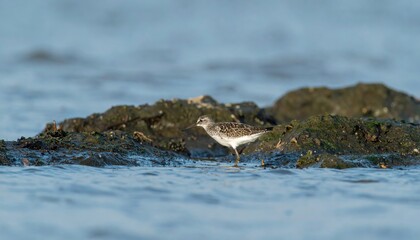 Shorebird Walking on Rocky Shoreline at Low Tide During Sunset