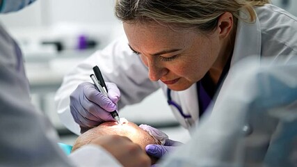Close-up of a light-skinned person undergoing a skin procedure with medical staff in white coats, purple gloves, and using a black marker, in a sterile environment with blue surgical cloths and