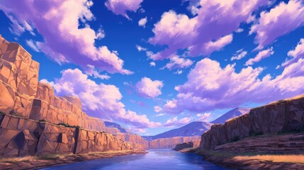 Naklejka premium Majestic river flowing through vibrant canyon landscape under a colorful sky at sunset