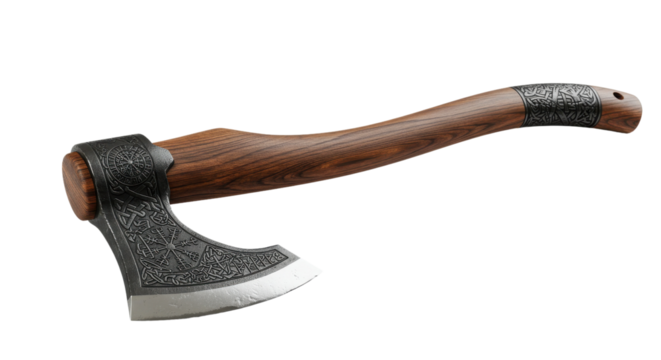 Forged Throwing Axe with Engraved Metal Head and Dark Wooden Handle Isolated Product Shot isolated on Transparent Background