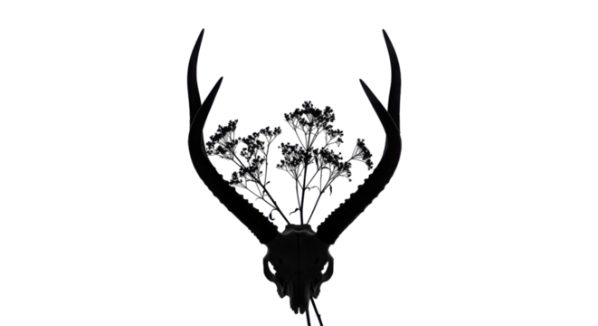 Minimal Black Deer Skull Silhouette with Delicate Plant Growth Illustration isolated on Transparent Background