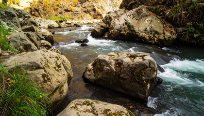 Rocky River Landscape with Flowing Water and Autumn Foliage