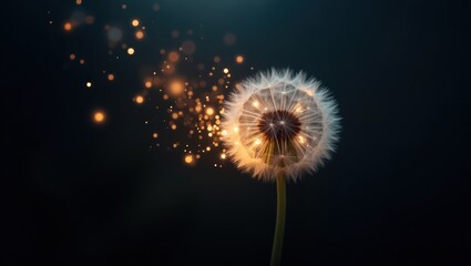 Illuminated dandelion seed head with glowing sparks.