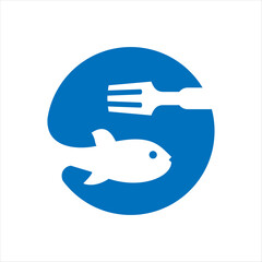 Food logo design that combines the letter s with a fish and fork.