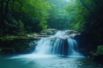 Obraz premium Majestic waterfall surrounded by lush forest in seamless timelapse from early morning to dusk, Waterfall in the forest Seamless ing time lapse Photo background