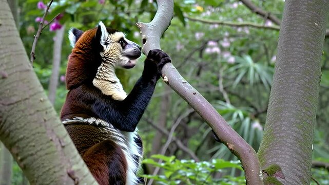 A cute, furry red panda on a tree branch like a ring-tailed lemur in the wild 4k animal video footage