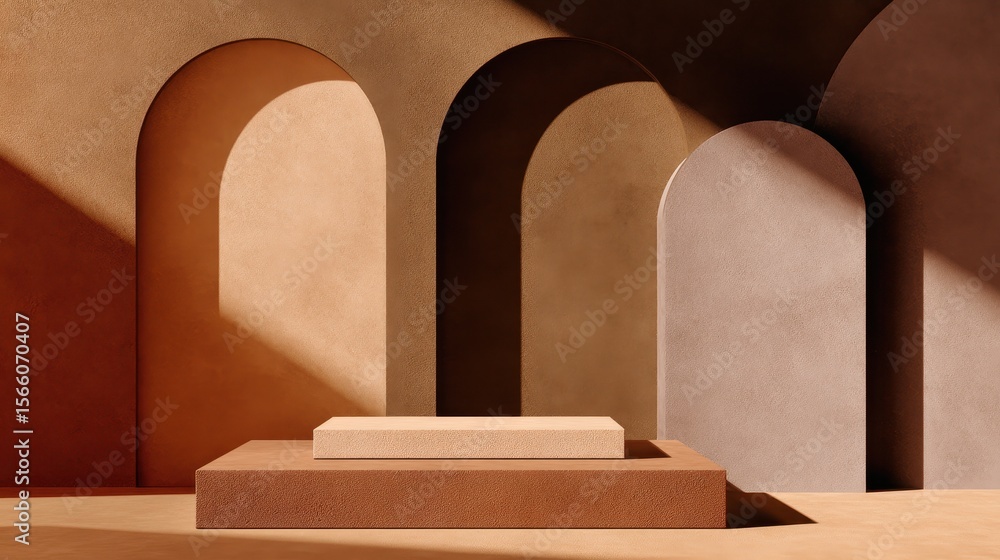 Poster abstract geometric scene with soft shadows, featuring textured arches and a central platform