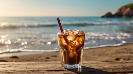 Iced coffee in a clear glass with ice cubes, placed on a rustic wooden table by the beach. Background with softly blurred ocean waves under warm sunlight. No people, no text. Summer tropical vibe.