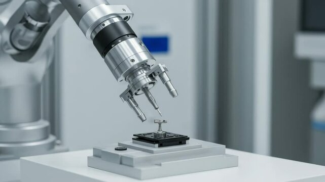 Robotic arm assembling a nano-scale component in a sterile lab environment &mdash; representing nanotechnology, precision engineering, and futuristic innovation in scientific research.