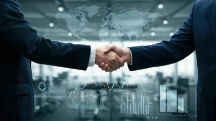 Business handshake with global map overlay - Powered by Adobe