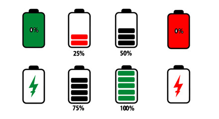 Colorful battery charge level indicators show the percentage of full, empty, and charging status with different colors for progress, silhouette