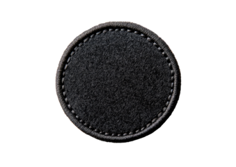 Embossed round black leather patch with stitched border Isolated on a transparent background