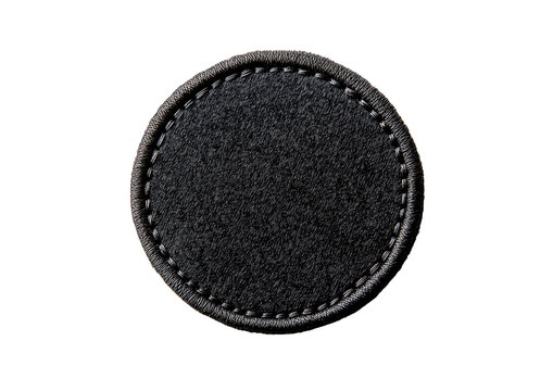 Embossed round black leather patch with stitched border Isolated on a transparent background