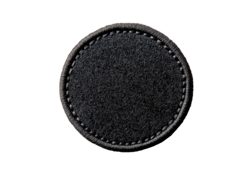 Embossed round black leather patch with stitched border Isolated on a transparent background