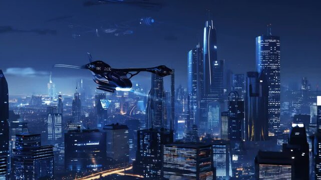 Sci-fi vehicle flying above illuminated skyline
