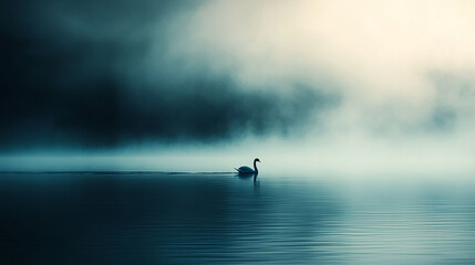 Fototapeta premium Serene Swan on Misty Water: A solitary swan gracefully glides across a tranquil body of water, enveloped in a mystical fog.