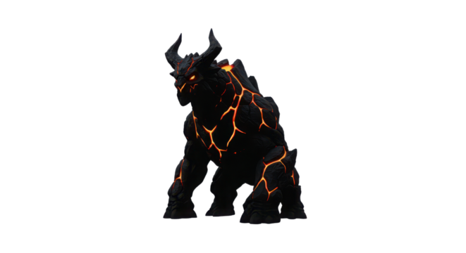 3D Render of Massive Black Lava Golem Bull Monster isolated on Transparent Background