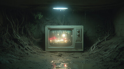 Old CRT TV in Underground Room with Roots and Neon Light