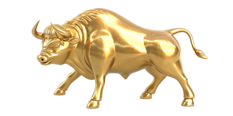Gleaming golden bull statue isolated on a transparent background animal powerful