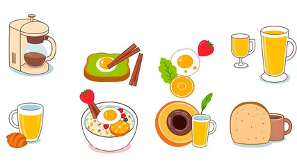 Colorful breakfast cartoon illustrations with eggs toast juice cereal and coffee machine on white