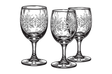 Collection of Ornate Crystal Glasses Vector Engraving Set